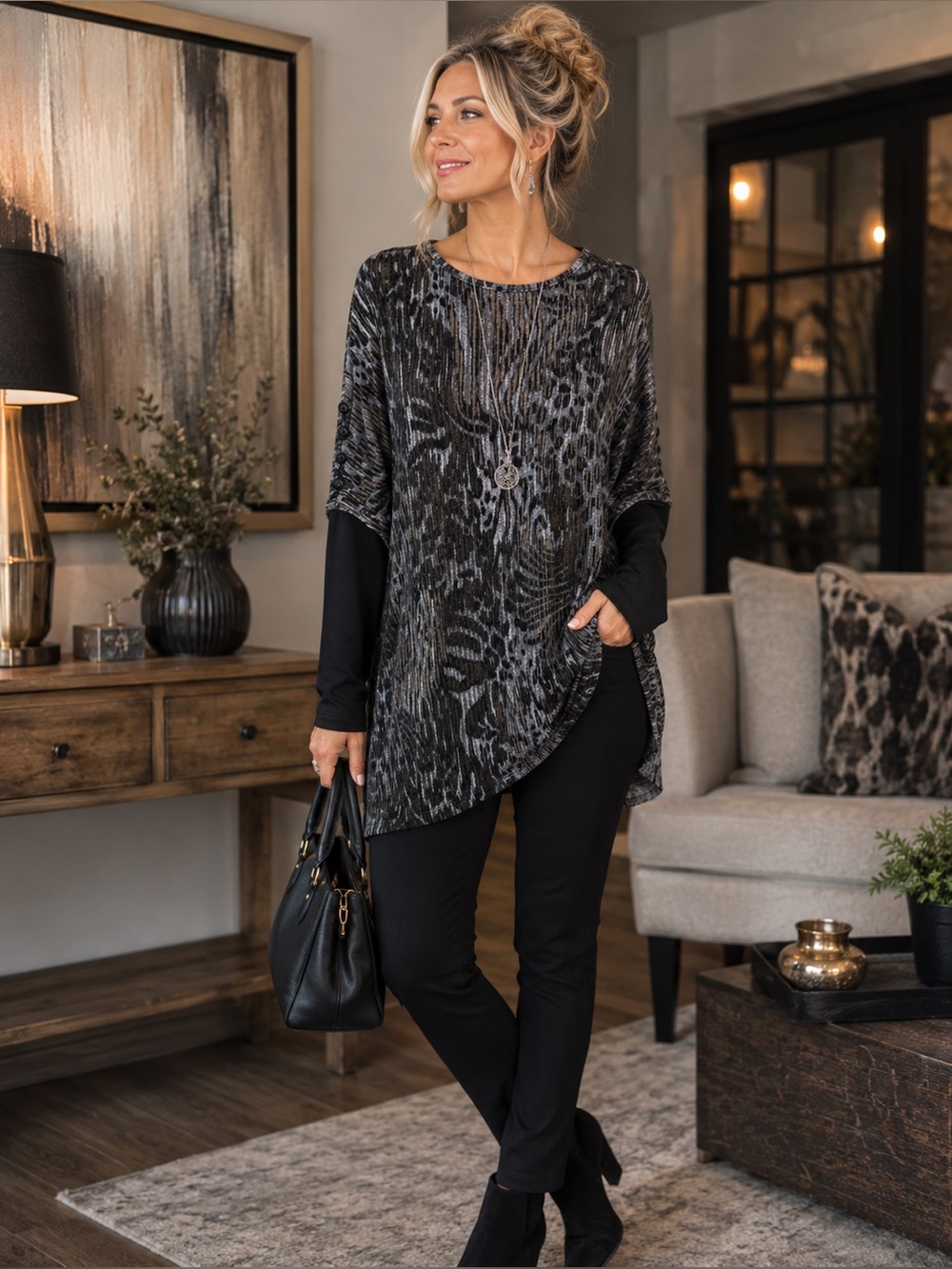 Clara Sun Woo Animal Print Tunic Top Large Black Gray Stretch Button Sleeve